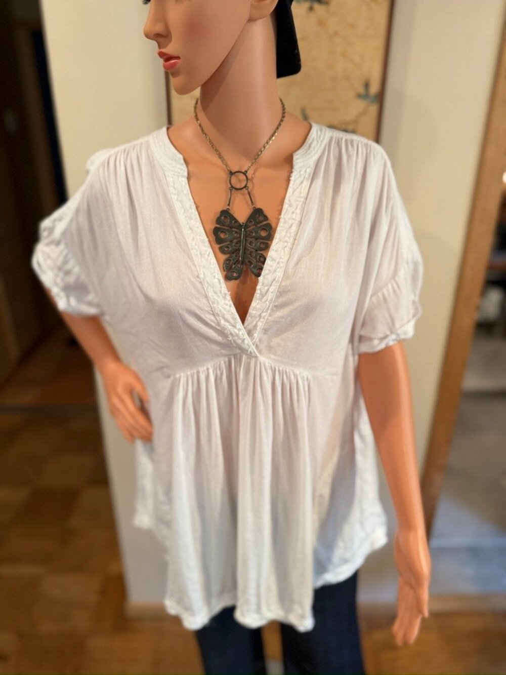 🤍 Free People White Linen Blend Babydoll Top | Deep V | Lace Trim | Size Small